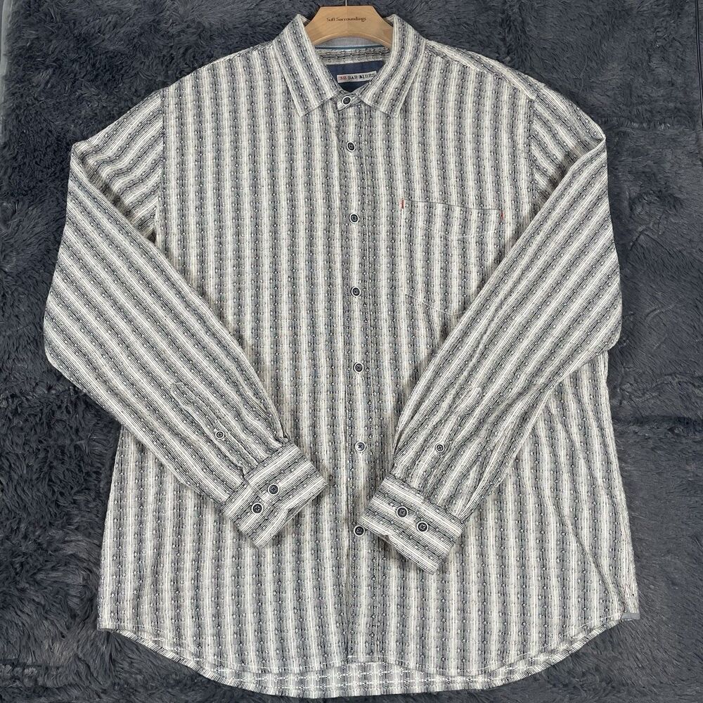 32 Bar Blues Button Up Shirt Men's Size Large Long Sleeve Stripes Textured Golf